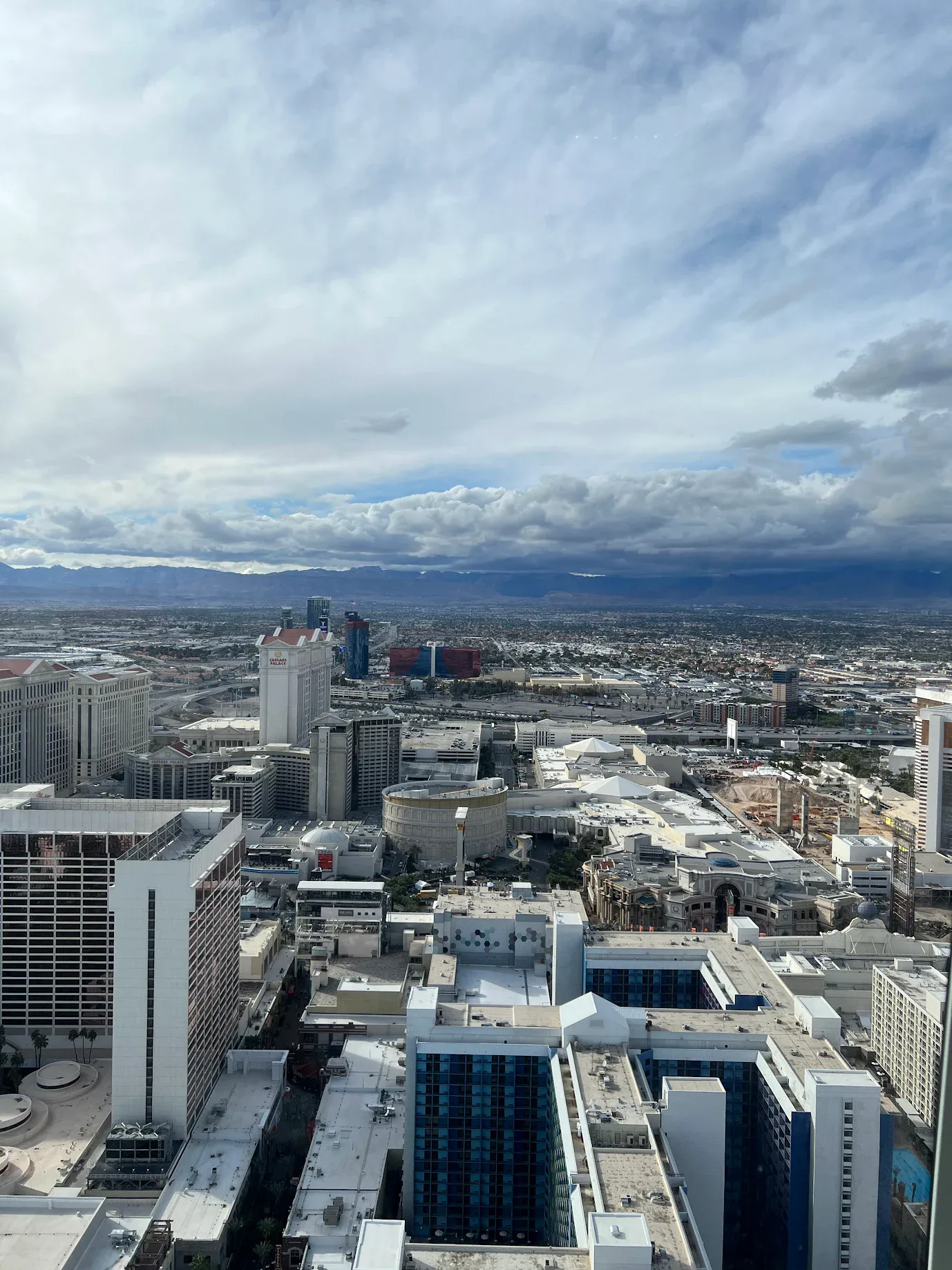 Daytime panorama of Las Vegas through a High Roller cabin window